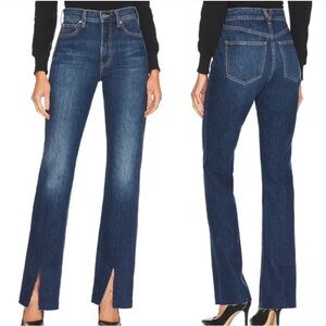 Veronica Beard KEANE LONG STRAIGHT LEG HIGH RISE Slit Jeans in Bright Blue Wash